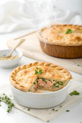 Homely and delicious fish pie. Beautiful hot pastry from salmon decorated with greenery.