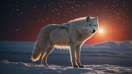 Fototapeta premium A majestic white wolf stands in a snowy landscape against a vibrant sunset.