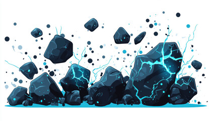 Dynamic illustration of black rocks with electric blue accents and splashes. rocks appear to be in motion, creating sense of energy and excitement