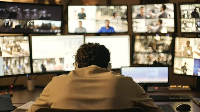 3_Film Editor Working Late at Night with Multiple Screens