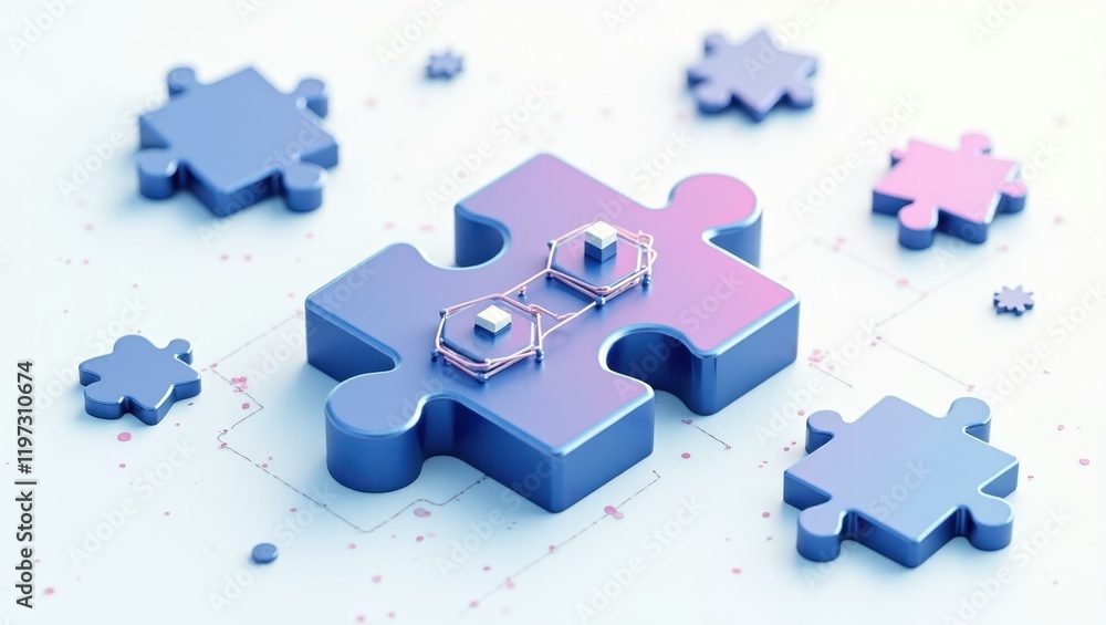 Poster puzzle with quantum computing icons 2d flat icons illustration