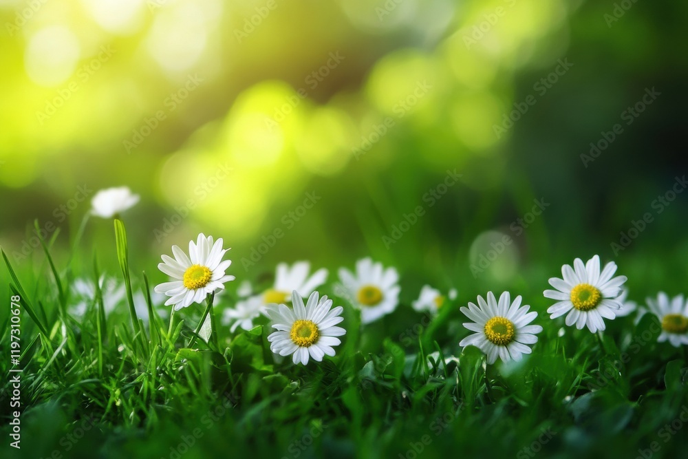 Aufkleber bright daisies blooming in a green meadow under warm sunlight with ample space for creative text pla