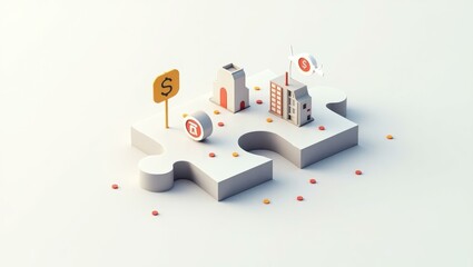 Miniature white and orange buildings and dollar signs on white puzzle piece, concept of business growth and financial strategy, marketing presentation, modern clean background, 3D illustration, finan