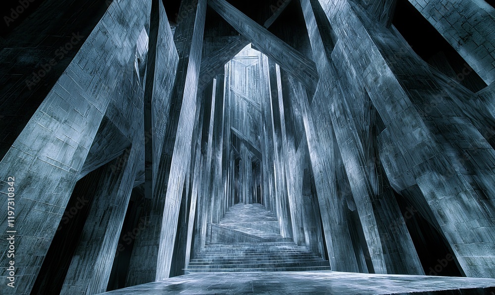 Poster dark, abstract architectural corridor with towering structures and light from above