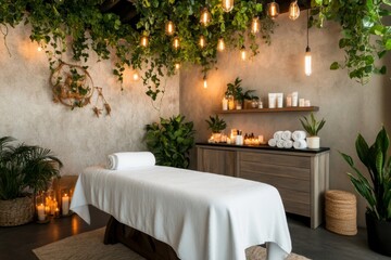 A serene spa room with soft candlelight, a massage table, and fresh towels, surrounded by calming greenery
