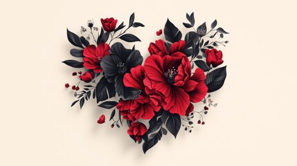 Elegant floral heart illustration featuring red and black leaves and flowers with a soft beige background, perfect for Valentine's Day cards, banners, posters, and romantic designs for February 14.