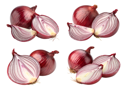 The set of four red onions closeup, isolated on the transparent background. Irreplaceable vegetable for cooking salads and other different meals.
