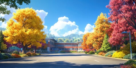 A vibrant autumn scene showcasing colorful trees around a school building under a clear blue sky.