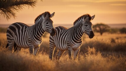 Fototapeta premium Two zebras standing in a golden sunset landscape, surrounded by tall grasses.