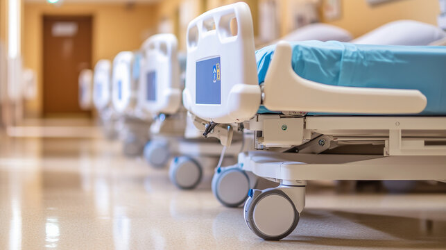 Desolate hospital hallway with empty patient beds and dim lighting, symbolizing financial struggle, closure, and healthcare challenges in modern society.