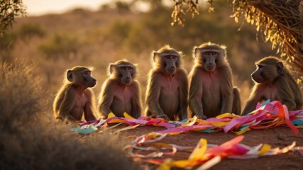 A group of baboons sitting together amidst colorful ribbons in a natural setting.