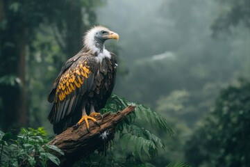 Obraz premium A vulture cleaning its feathers with its beak, sitting on a fallen log in a remote forest clearing