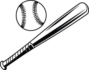 Baseball bat and a ball vector illustration, baseball bat and a ball silhouette vector art, baseball bat and a ball line art vector design