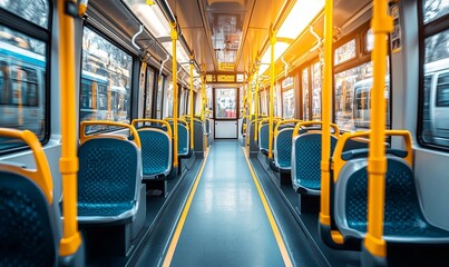 Empty modern tram interior with blue seats, yellow handrails, and city view through windows