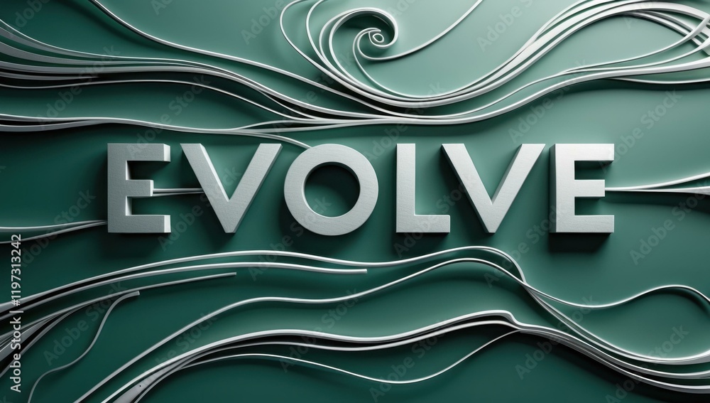 Poster evolve text title in center and swirl curve circuit line path develop in ocean green silver white co
