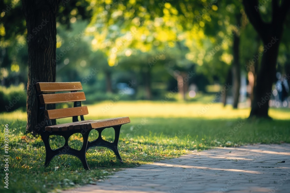 Poster Calm park bench in sunny green space with shadowed trees and pathway inviting relaxation. Generative AI