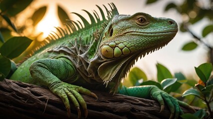 Fototapeta premium A close-up of a green iguana perched on a branch with foliage and a sunset background.