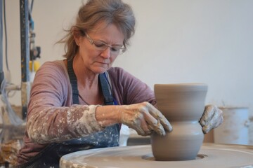 Senior woman potter skillfully shaping a ceramic pot on the pottery wheel in her vibrant workshop, surrounded by her artistic creations