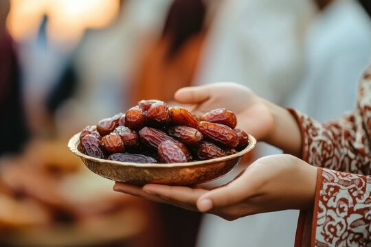 Joyful Muslim Family Enjoying Iftar: Breaking Fast with Dates During Ramadan