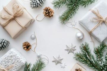 Christmas composition framing copy space with gifts, silver ornaments and fir branches creating a festive atmosphere