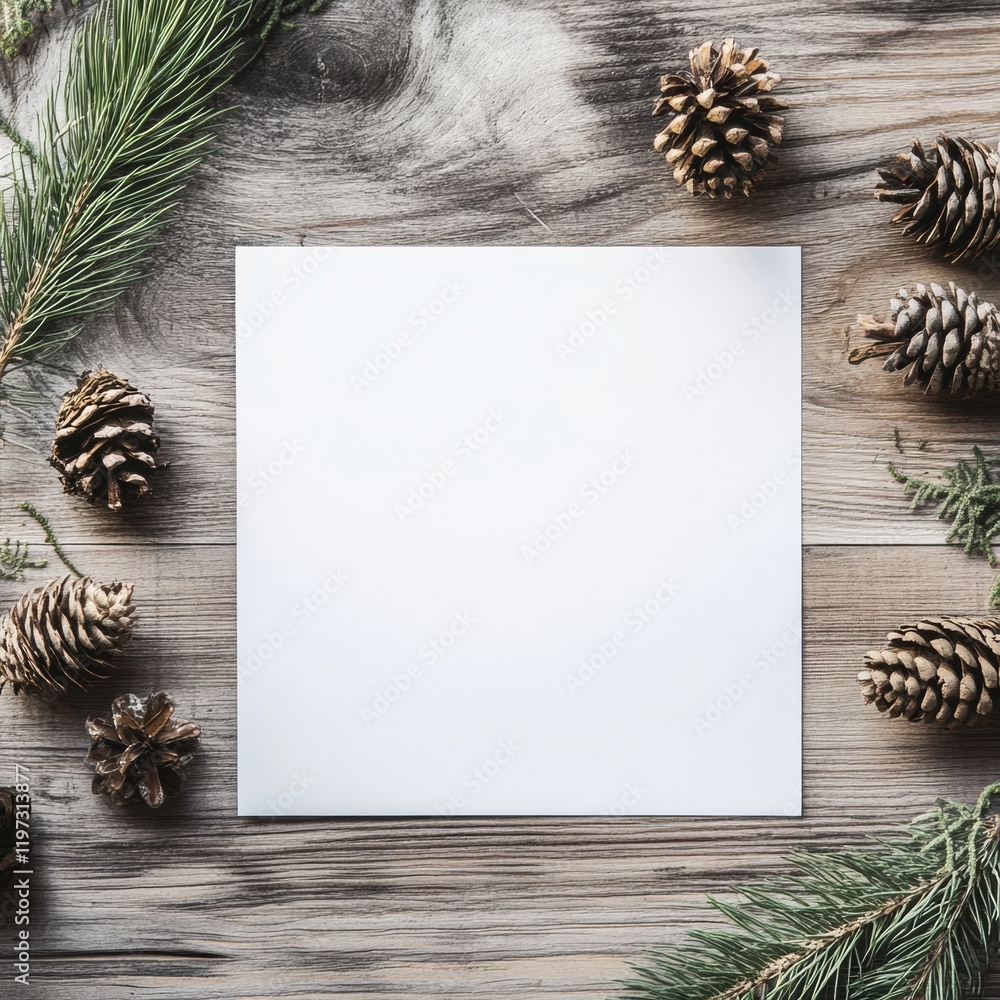 Fototapete minimalist design with blank square in center surrounded by pinecones and pine branches on wooden su