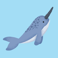 Cute narwhal swimming in the ocean: illustration for children