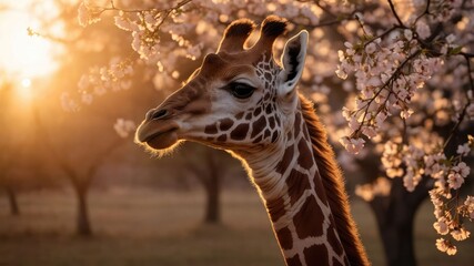 Obraz premium A giraffe stands gracefully among blooming cherry blossoms at sunset.