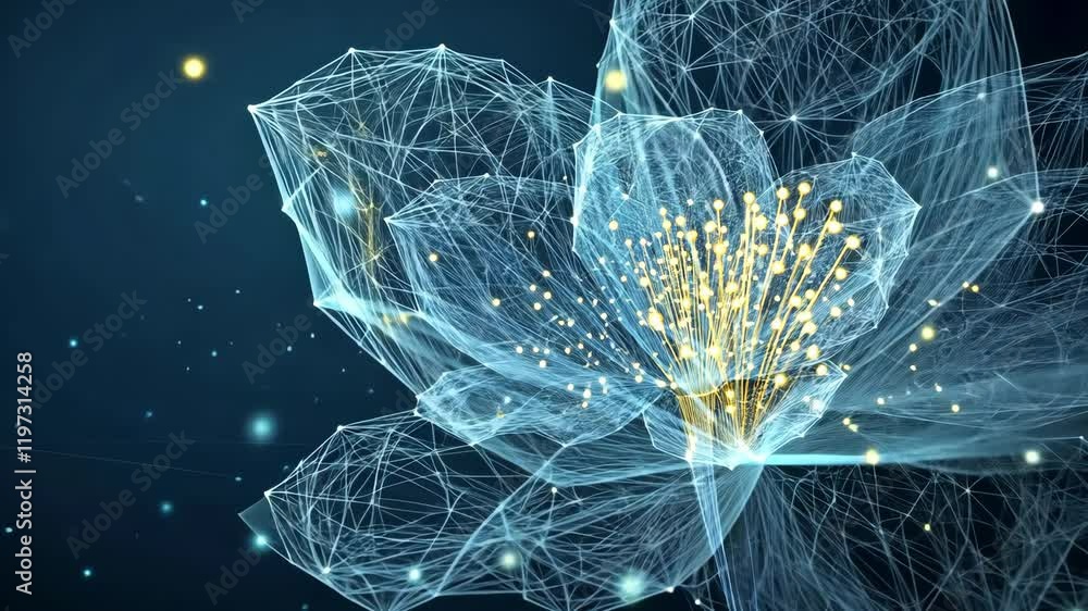 Poster digital representation of a glowing flower with intricate lines and particles against a dark backgro
