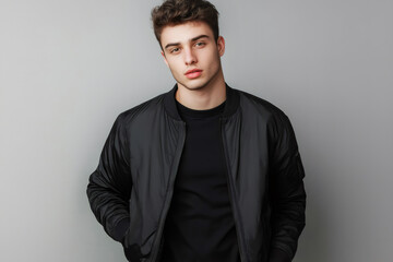 Stylish man showcasing a black bomber jacket with hands in pockets, perfect for fashion and apparel projects