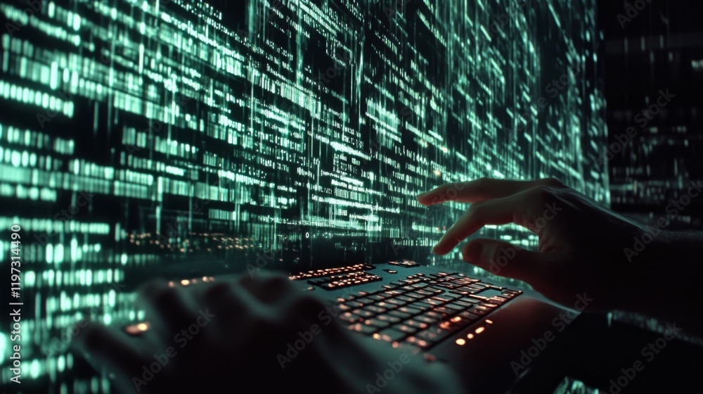 Poster close-up of digital screen filled with code in dark environment