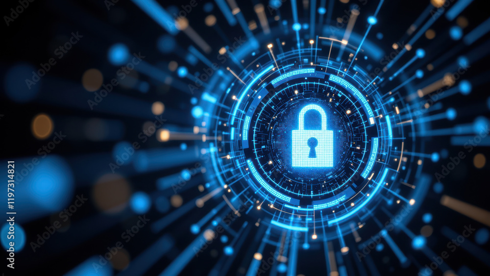 Poster cybersecurity lock with digital circuitry background.