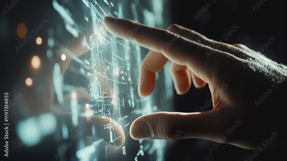Poster close-up of hand interacting with digital metrics on transparent screen