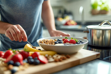 A man is preparing a bowl of fruit and cereal on a wooden cutting board