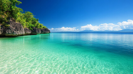 Fototapeta premium tranquil bay with calm, crystal clear turquoise water and lush greenery. serene landscape invites relaxation and peace, perfect for getaway