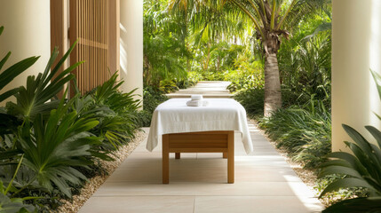 Fototapeta premium tranquil beachside resort spa features outdoor treatment table surrounded by lush greenery and tropical plants, creating serene atmosphere for relaxation