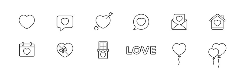 Valentines day romantic icon set. Outline valentines day vector. Heart shape icon