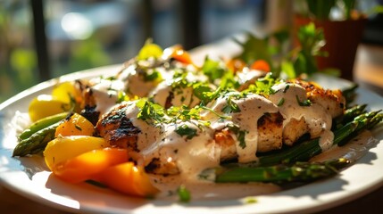 A vibrant plate of garlic butter chicken with creamy sauce, surrounded by an artful arrangement of grilled vegetables like asparagus, bell peppers, and green beans. 