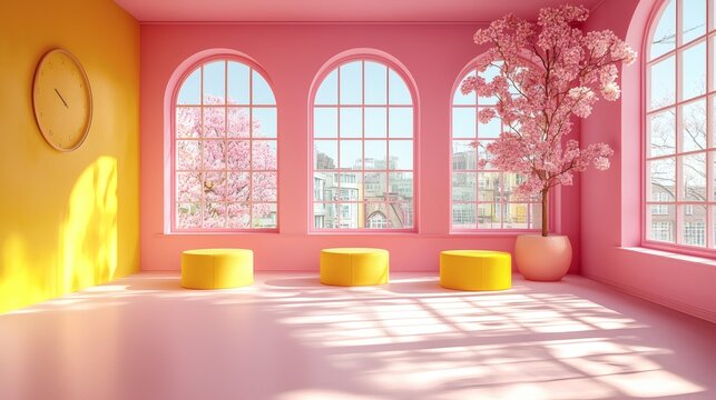 Pastel Paradise: A minimalist interior design dream with pops of color and playful textures. The bright pink and yellow walls and soft yellow stools create a bold yet calming atmosphere.