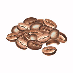 Roasted coffee beans in pile. Watercolor hand drawn illustration isolated. Grains or seeds Arabica and Robusta sort. Ingredients for aromatic invigorating drink. Clipart for packaging, postcard, cover