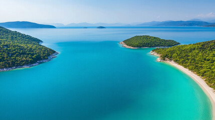 Obraz premium Aerial view of coastal inlet with turquoise waters and lush greenery. serene landscape features sandy beaches and distant hills, creating tranquil atmosphere