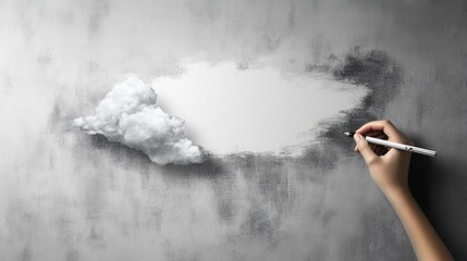 Creative hand painting a white cloud on a textured gray wall with empty space for additional text or design elements. Generative AI