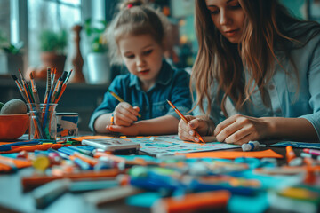 Fototapeta premium A woman and a child are drawing together