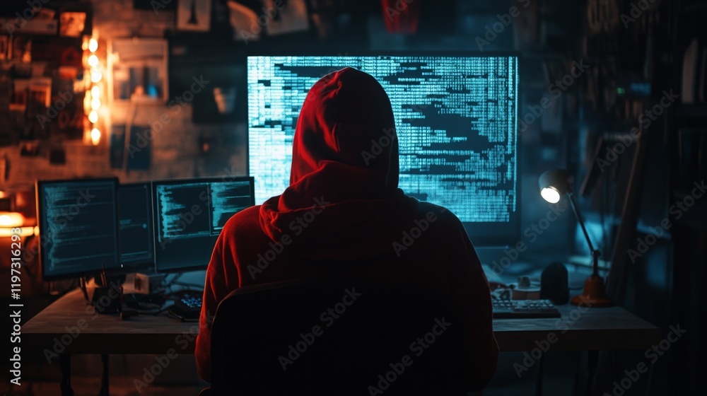Poster mysterious hacker in dimly lit room working with ai technology
