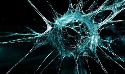 Glowing neuron cell on dark background, medical research concept