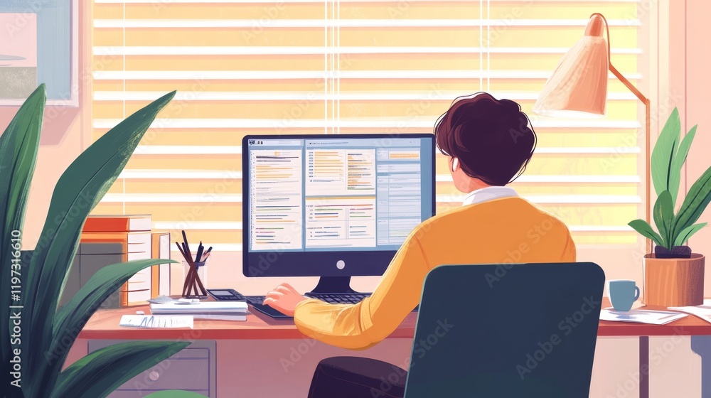 Aufkleber serene home office with person analyzing data on computer screen