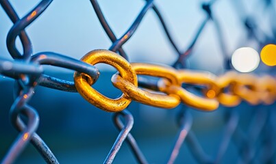 Gold chain locked on metal fence at dusk with blurred background, ideal for security concepts