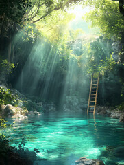 Discovering a crystal-clear turquoise cenote in a vibrant jungle oasis