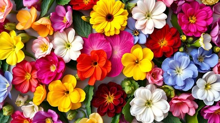 Fototapeta premium A wallpaper featuring a diverse array of love-shaped flowers in vibrant complementary colors, contrasting colors, and balanced tones