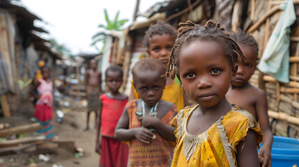 International Day for the Eradication of Poverty. A group of poor, hungry and dirty children of African appearance look into the camera with hungry eyes full of pain and sadness, begging for food. 