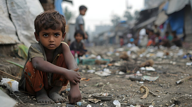 International Day for the Eradication of Poverty. A small, poor, hungry and dirty Hindu boy sits on the ground in a refugee camp in a pile of garbage and full of unsanitary conditions